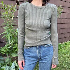 Aerie Womens Ribbed Long Sleeve, Olive Green- Size S
